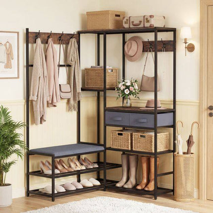 Corner Coat Rack with Bench, Shoe Storage, 5 Shelves, Black