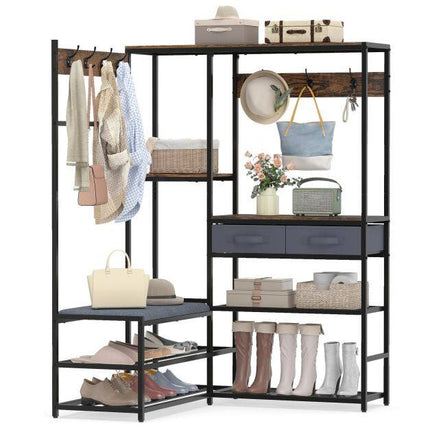 Corner Coat Rack with Bench, Shoe Storage, 5 Shelves, Black