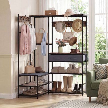 Corner Coat Rack with Bench, Shoe Storage, 5 Shelves, Black