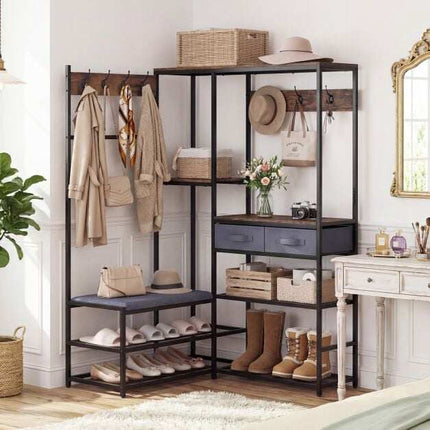 Corner Coat Rack with Bench, Shoe Storage, 5 Shelves, Black
