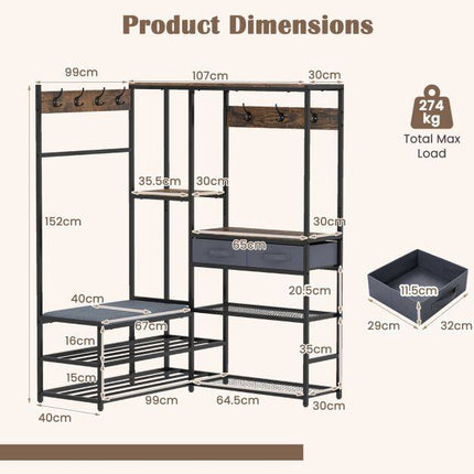 Corner Coat Rack with Bench, Shoe Storage, 5 Shelves, Black