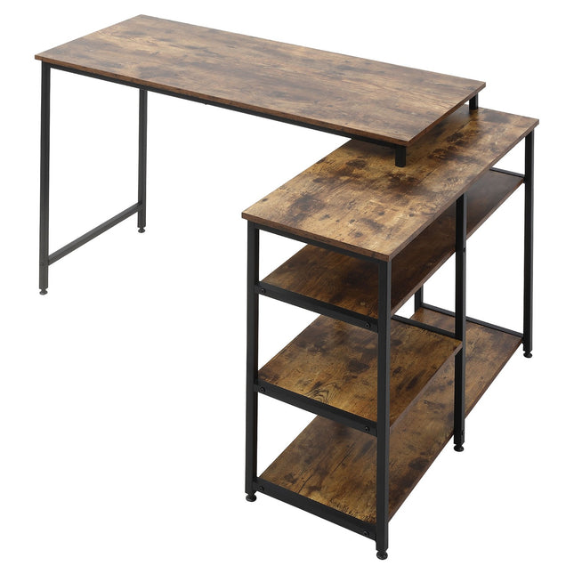 L-shaped corner desk, rustic brown, with shelf and drawer
