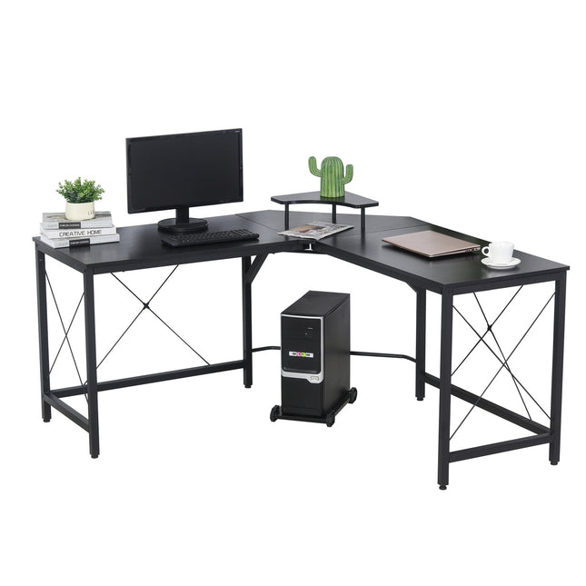 L-shaped corner desk with monitor stand, black steel, 150cm
