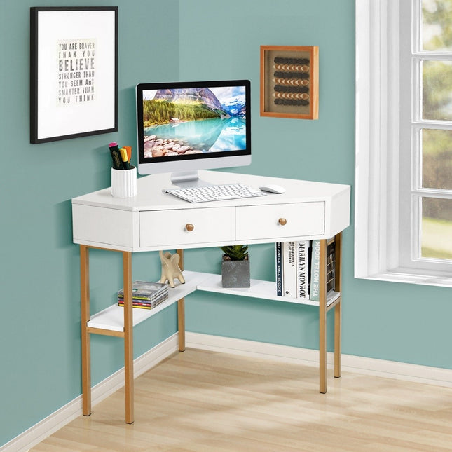 Corner Desk with 2 Drawers and Shelves for Small Spaces