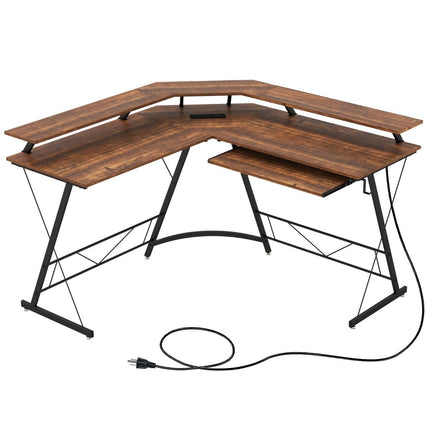 Corner Desk with Socket & USB Charging Port & Monitor Stand Rustic Brown