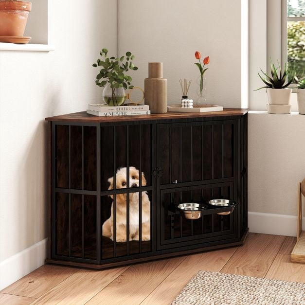 Corner Dog Crate Furniture, 114x60x68 cm, Adjustable Feeder