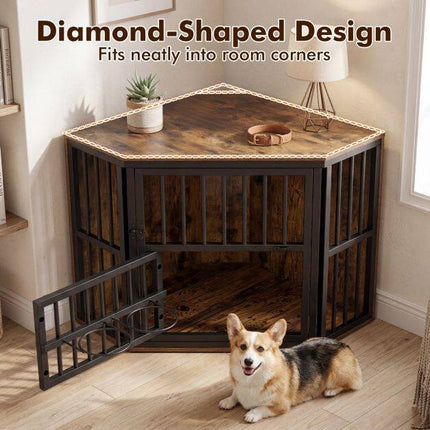 Corner Dog Crate & TV Stand with Adjustable Bowl Rack