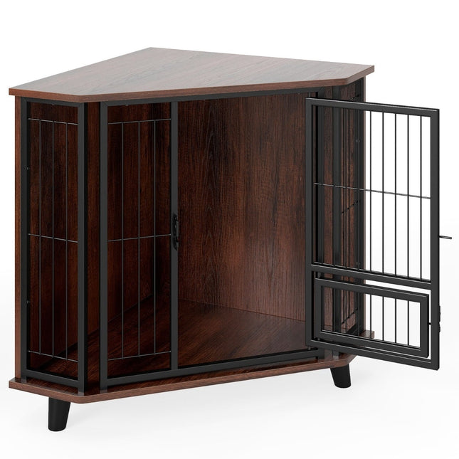 Corner Dog Crate with Feeding Door & Lockable Door, Space-Saving
