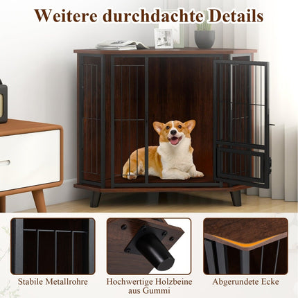 Corner Dog Crate with Feeding Door & Lockable Door, Space-Saving