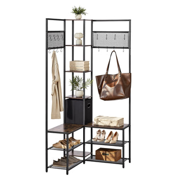 Corner Hall Tree With Shoe Bench, Hooks, Steel Frame