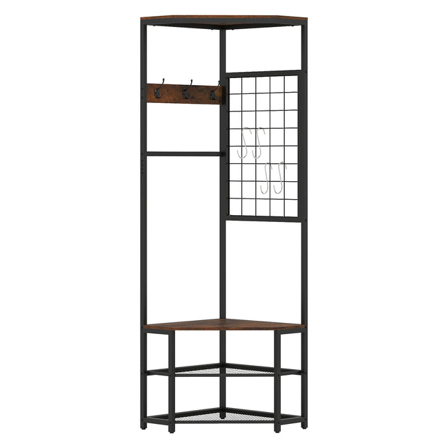 Corner Hall Tree with Hooks, Shelves, Metal Frame, Brown