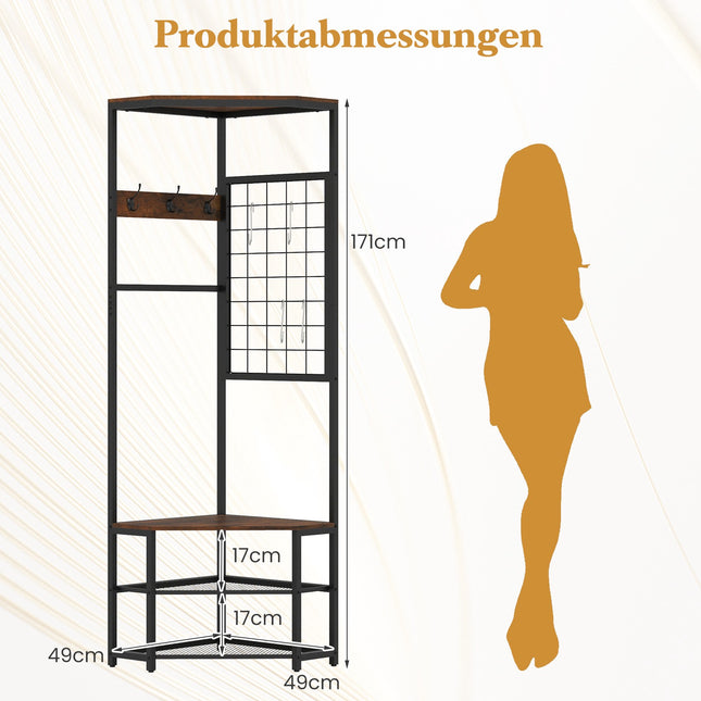 Corner Hall Tree with Hooks, Shelves, Metal Frame, Brown
