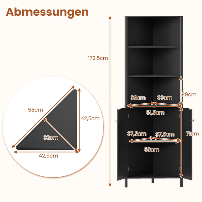 Corner Kitchen Cabinet, 2 Doors & 5 Shelves, Black, 68"