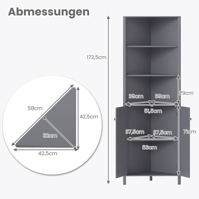 Corner Kitchen Cabinet with 2 Doors & 5 Shelves, Grey