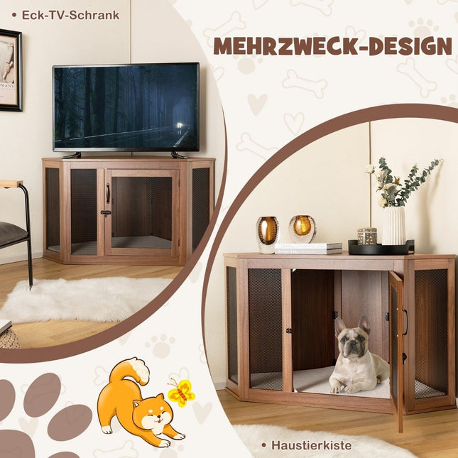 Corner Pet Crate Dog Kennel End Table with Mesh Door & Cushion 114 x 59 x 67cm Brown