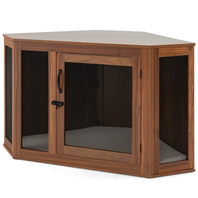 Corner Pet Crate Dog Kennel End Table with Mesh Door & Cushion 114 x 59 x 67cm Brown