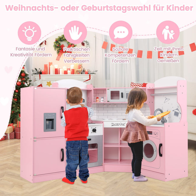 Corner Play Kitchen Set with Ice Maker, Microwave, Oven, Pink