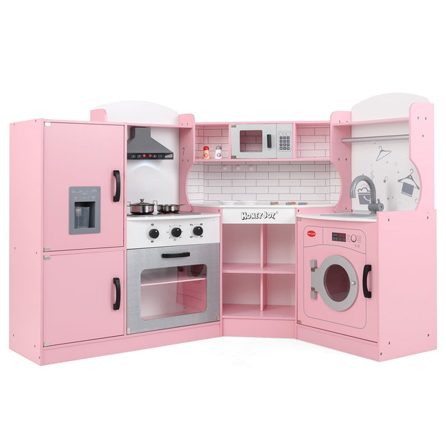 Corner Play Kitchen Set with Ice Maker, Microwave, Oven, Pink