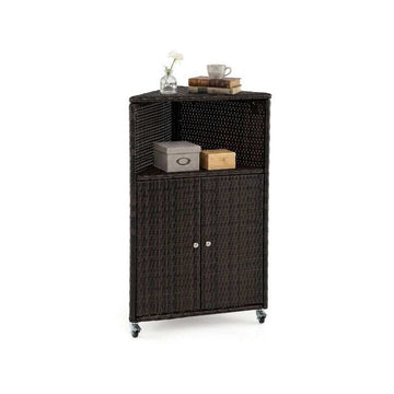 Corner Rattan Outdoor Storage Cabinet with 2 Doors, Brown, Lockable Casters