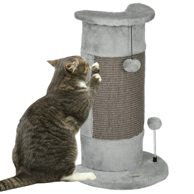 Small gray indoor cat scratching post with sisal ball