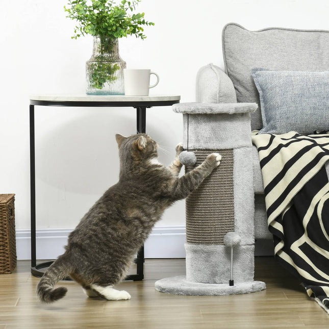 Small gray indoor cat scratching post with sisal ball