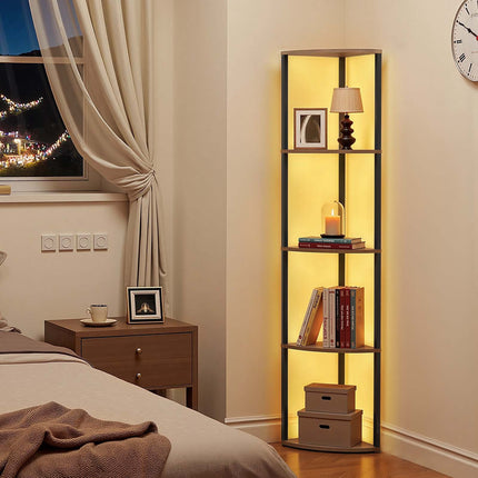 Corner Shelf, 5-Tier LED Tower, Metal Frame, Wood Shelves