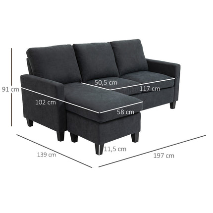 Dark gray reversible L-shaped fabric sofa with chaise longue