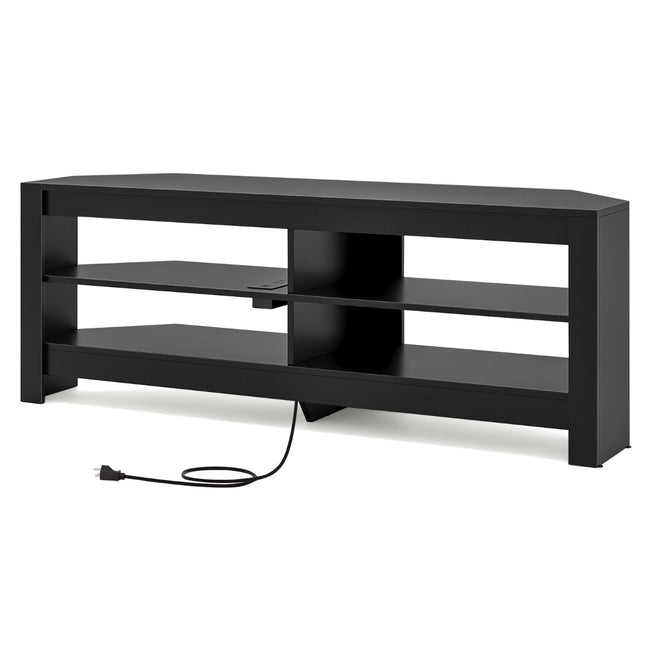 Corner TV cabinet with charging station & 4 shelves for TVs up to 65 inches TV lowboard TV cabinet black