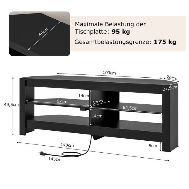 Corner TV cabinet with charging station & 4 shelves for TVs up to 65 inches TV lowboard TV cabinet black