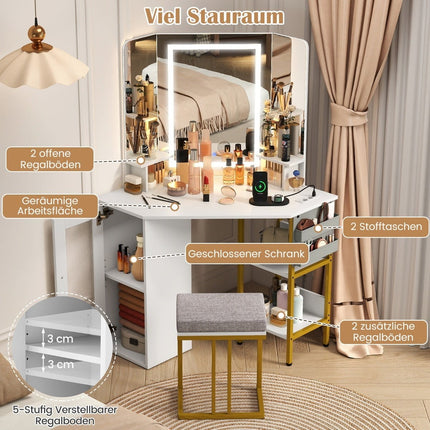 Corner Vanity Table with Stool, LED Mirror, Charging Ports