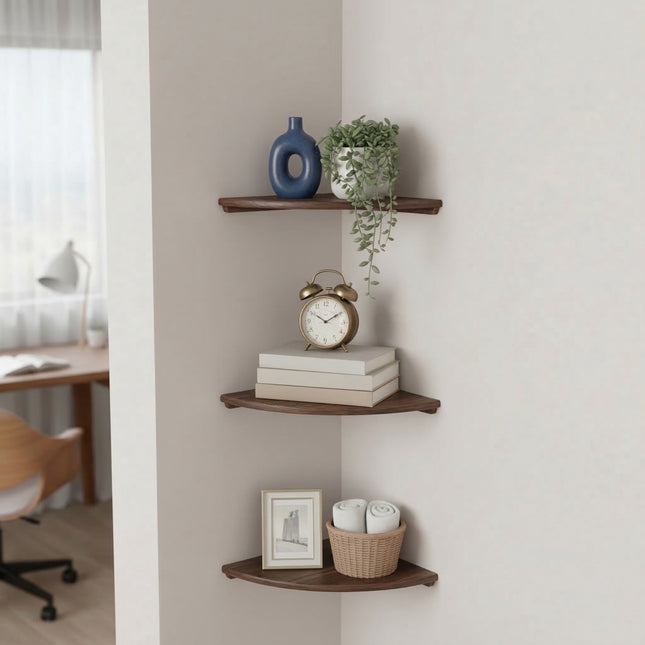 Corner Wall Shelf, Walnut, Wall-Mounted Semi-Circle