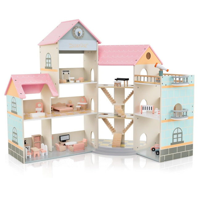 Corner Wooden Dollhouse with Pink Roof & 41 Pieces of Furniture & Accessories Dollhouse DIY Dream House