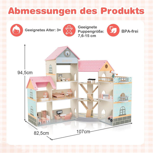 Corner Wooden Dollhouse with Pink Roof & 41 Pieces of Furniture & Accessories Dollhouse DIY Dream House