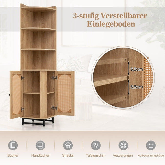 Corner bookcase made of PE rattan 172 cm tall cabinet with 2 doors & 4 open shelves natural