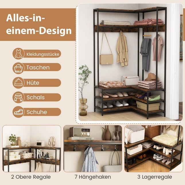 Hoekkapstok met bank L-vormig kledingrek met open planken 90 x 90 x 178 cm Rustiek bruin