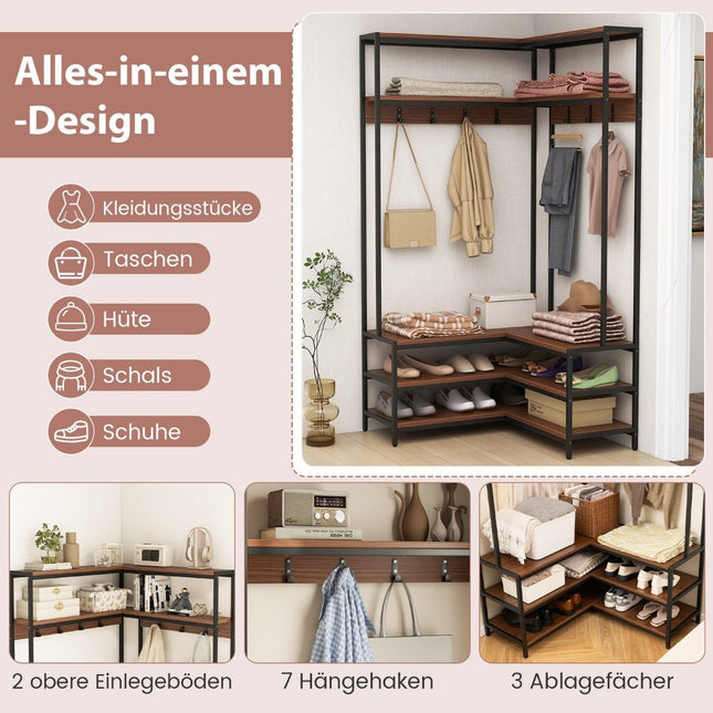 Hoekkapstok met bank L-vormig kledingrek met open planken 90 x 90 x 178 cm notenhout