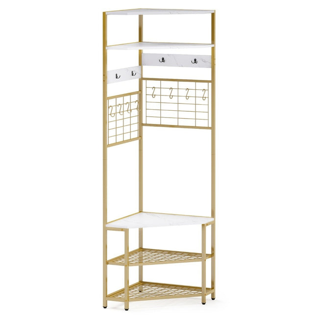 Corner coat rack with shoe bench &amp; 12 metal hooks freestanding clothes rack white