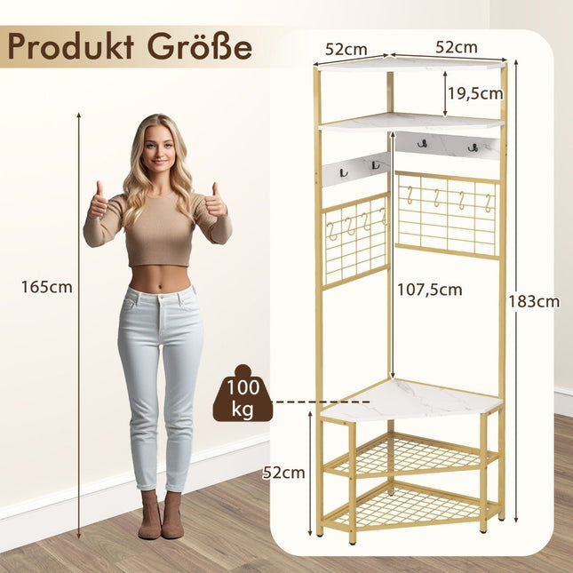 Corner coat rack with shoe bench &amp; 12 metal hooks freestanding clothes rack white