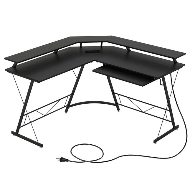 Corner desk with socket & USB charging port & monitor stand black