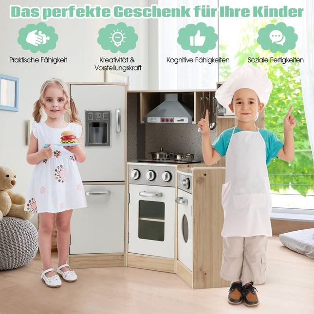 Corner kitchen Corner play kitchen with sound and light Children's kitchen made of wood including play accessories White + Natural
