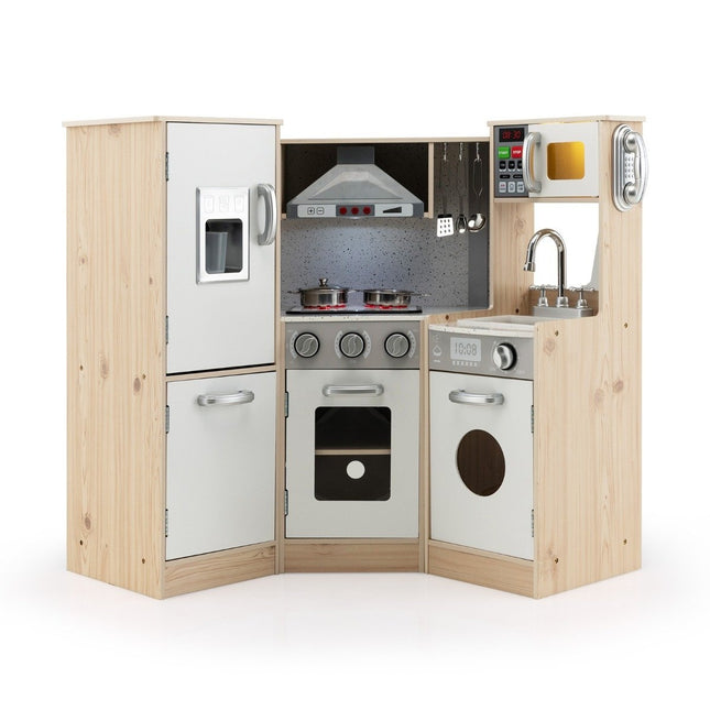Corner kitchen Corner play kitchen with sound and light Children's kitchen made of wood including play accessories White + Natural