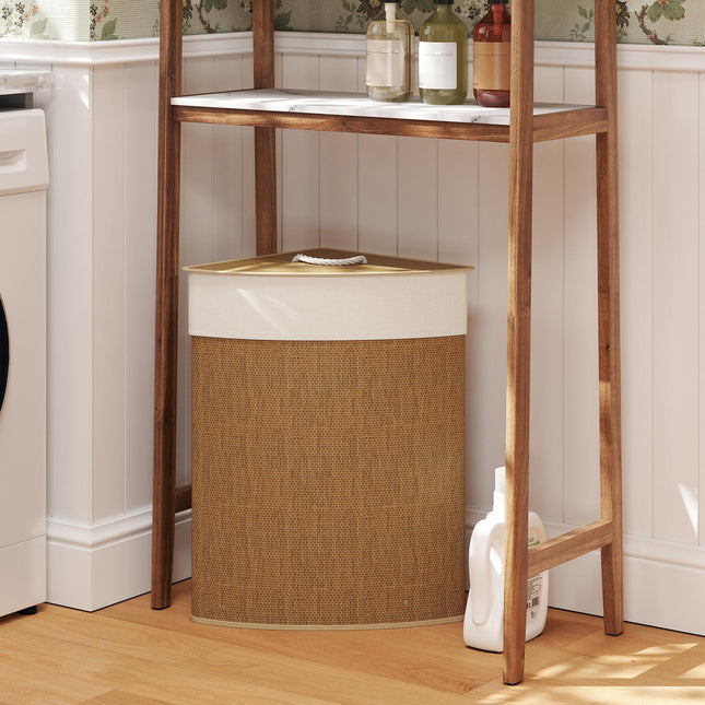 Corner laundry basket, bamboo weave, 55 liters, fabric bag, metal frame, brown