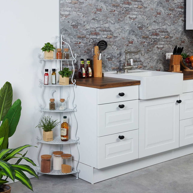 Corner shelf in white metal with 5 shelves