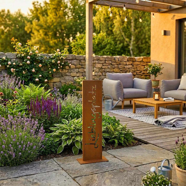 Corten Steel Garden Sign – Rustic Patina, Base Plate
