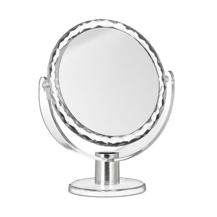 Cosmetic mirror with magnification standing