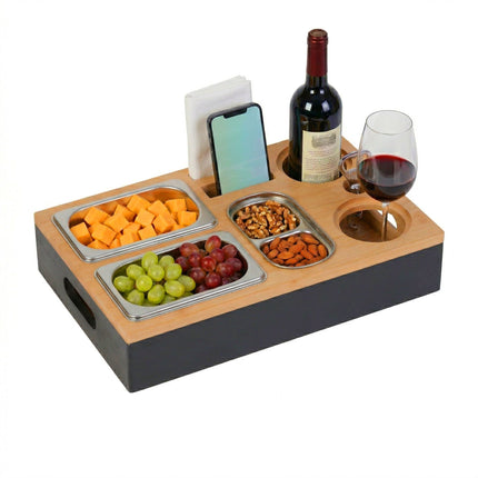 Couch Snack Bar – Bamboo Tray With 3 Stainless Bowls