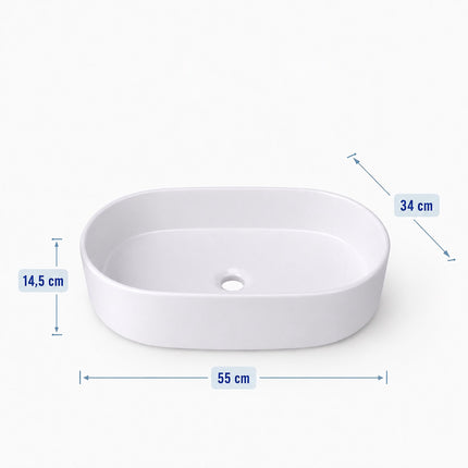Countertop Ceramic Washbasin, White, 55 x 34 x 14.5 cm