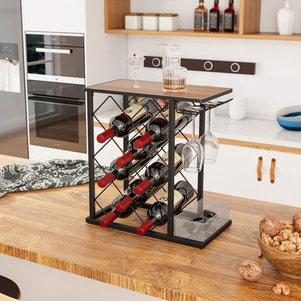 Countertop Wine Rack, 8 Bottles, 3 Glasses, Storage Box