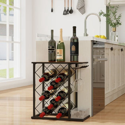 Countertop Wine Rack, 8 Bottles, 3 Glasses, Storage Box
