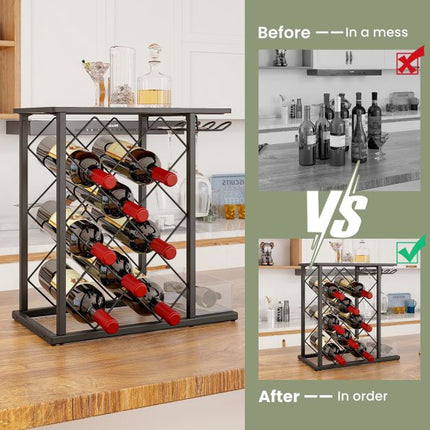 Countertop Wine Rack, 8 Bottles, 3 Glasses, Storage Box